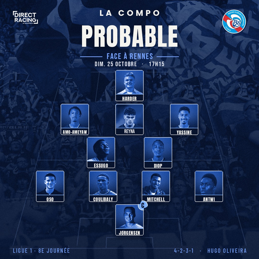La compo probable du Racing face à Rennes, dimanche 25 octobre à 17h15 (4-2-3-1)