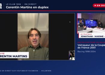 Corentin Martins en duplex, bandeau Vainqueur de la Coupe de France 2001