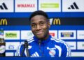 Dario Essugo tout sourire, conférence de presse du Racing avant Rennes, 23 octobre 2026