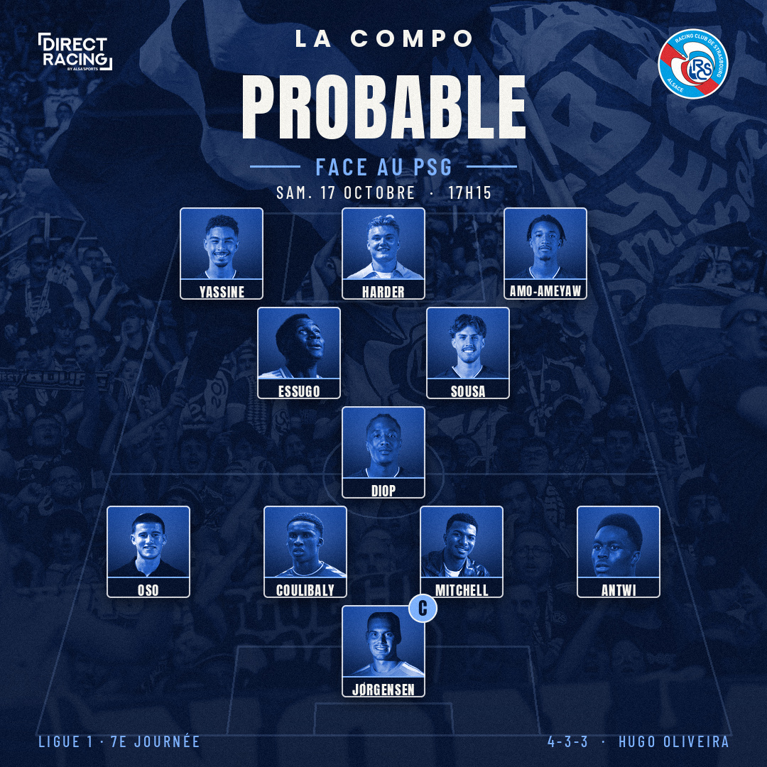 Compo probable du Racing face au PSG en 4-3-3 : Jørgensen ; Antwi, Mitchell, Coulibaly, Oso ; Diop ; Sousa, Essugo ; Amo-Ameyaw, Harder, Yassine